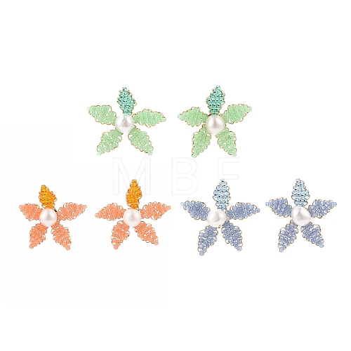 Natural Pearl & Glass Seed Braided Beaded Flower Stud Earrings EJEW-MZ00021-1