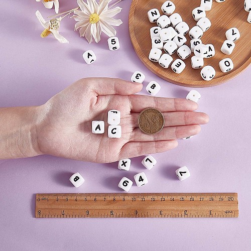 108 Pcs White Cube Silicone Beads Letter Number Square Dice Alphabet Beads with 2mm Hole Spacer Loose Letter Beads for Bracelet Necklace Jewelry Making JX438A-1