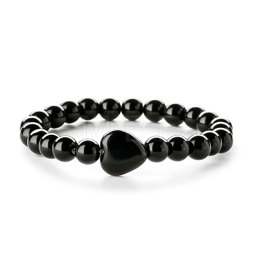 Fashionable Heart & Round Natural Black Onyx(Dyed & Heated) Beaded Stretch Bracelets for Women Men EN4450-4-1