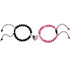 2Pcs Round Natural Black Agate & Strawberry Quartz Braided Bead Bracelets for Couple IJ5496-1-1