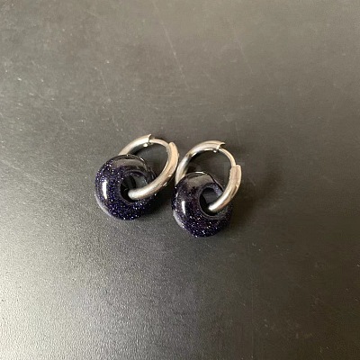 304 Stainless Steel & Synthetic Blue Goldstone Rondelle Bead Hoop Earrings FS-WGF6A0C-07-1