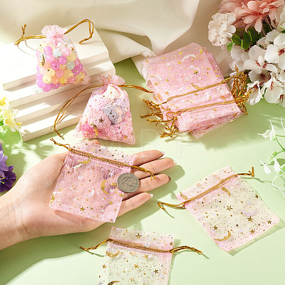 30Pcs Gold Stamping Moon Star Organza Drawstring Gift Bags ABAG-TA0002-21G-1