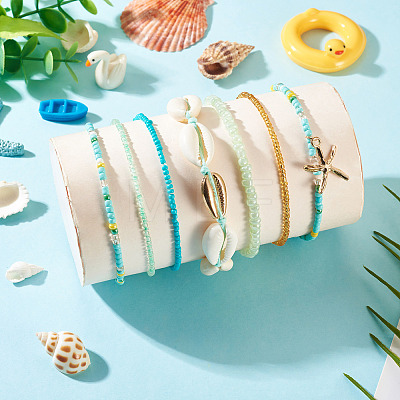 2 Bags Summer Beach Glass Seed Beaded & Natural Shell & Alloy Starfish Charm Anklet Sets AJEW-TA0003-69G-1