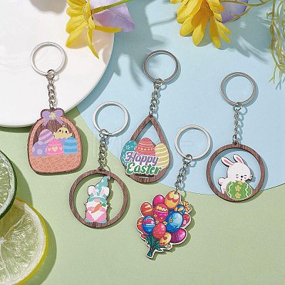 8Pcs 8 Styles Easter Wooden Keychains KEYC-JKC00719-1