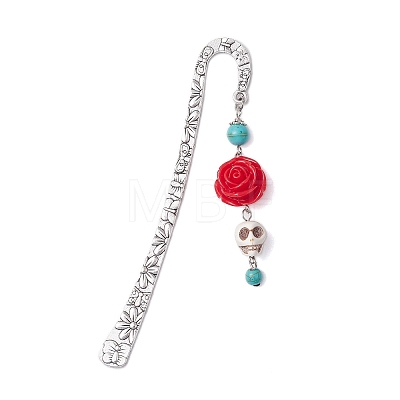 Skull Rose Resin & Synthetic Turquoise Charm Bookmarks AJEW-JK00326-1