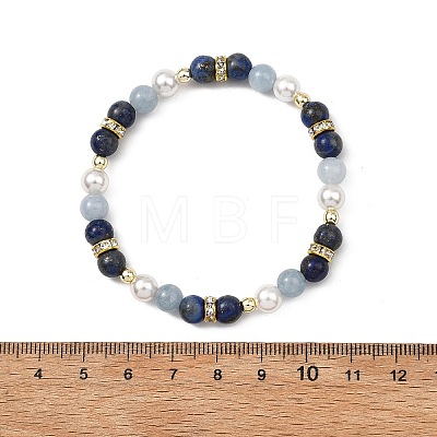 Natural Gemstone & Shell Pearl & Brass Rhinestone Beaded Stretch Bracelets for Girls BJEW-JB14087-1