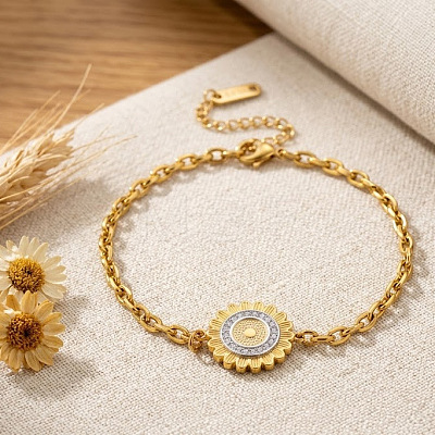 304 Stainless Steel Crystal Rhinestone Sunflower Link Bracelets for Women WGA3B67-01-1