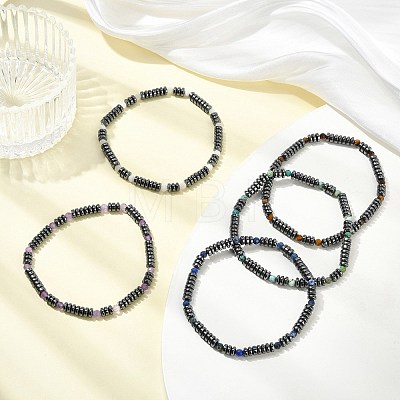 Disc & Round Grade AA Non-magnetic Synthetic Hematite & Natural Gemstone Beads Stretch Bracelets for Women Men BJEW-JB13809-1