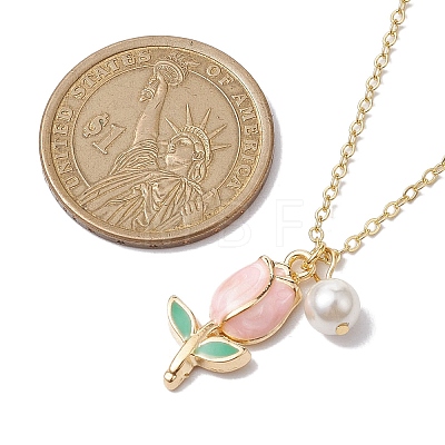 Alloy Enamel Tulip & Round Shell Pearl Pendants Necklaces NJEW-JN04786-1