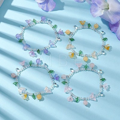 Natural Mixed Stone & Glass Beaded Stretch Bracelet with Flower Charms BJEW-JB10176-1