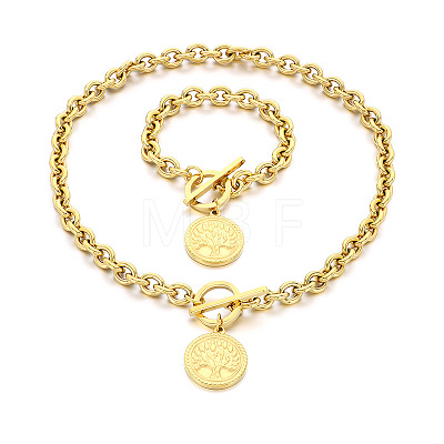 Flat Round with Tree of Life 304 Stainless Steel Pendant Necklaces & Charm Bracelets Sets FS-WG2A73C-04-1