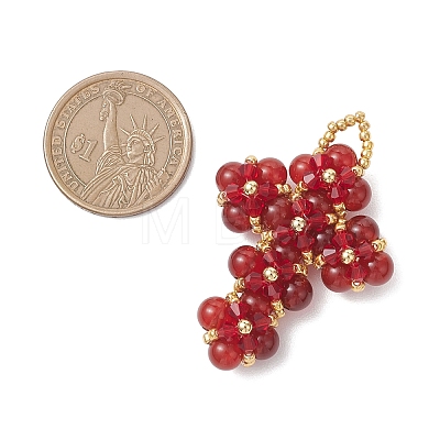 Natural Carnelian Round Beads & Glass Seed Beaded Cross Pendants PALLOY-MZ01151-01-1
