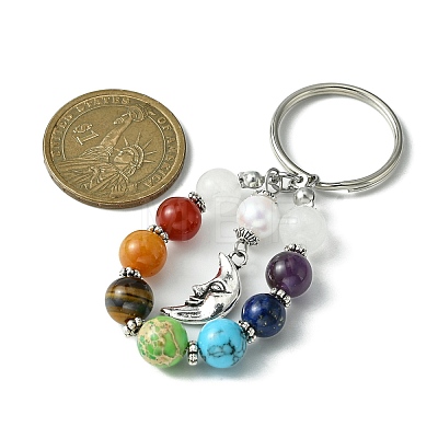 7 Chakra Gemstone Bead Pendant Keychain with Tibetan Style Alloy Charm KEYC-JKC00539-03-1