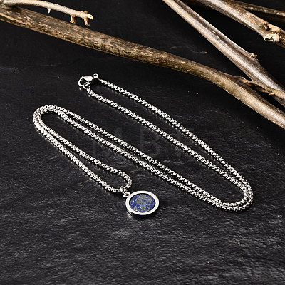 Natural Lapis Lazuli 304 Stainless Steel Coin Pendant Necklaces for Men WG41827-01-1