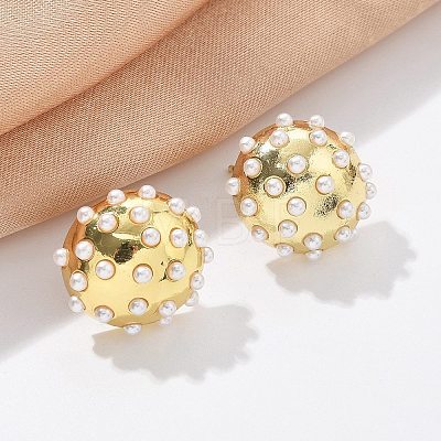 Half Round Brass & ABS Imitation Pearl Stud Earrings EJEW-M077-07G-1