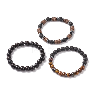 3Pcs 3 Style Natural & Synthetic Mixed Stone Stretch Bracelets Set with Wood Beaded for Women BJEW-JB08358-1