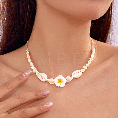 Adjustable Summer Beach Natural Cowrie Shell Wood Round Beads Polymer Clay Flower Twisted Braided Waxed Cord Choker Necklaces for women WG58561-05-1