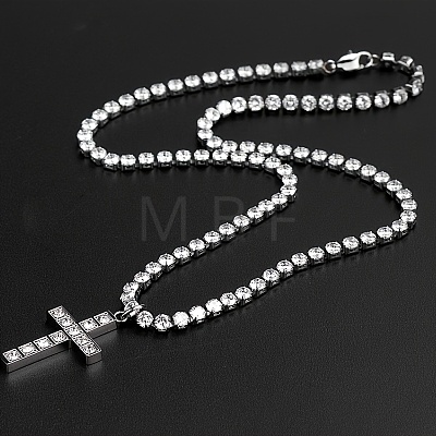 Stainless Steel Full Rhinestone Cross Pendant 4mm Tennis Chain Necklaces KD8251-1-1