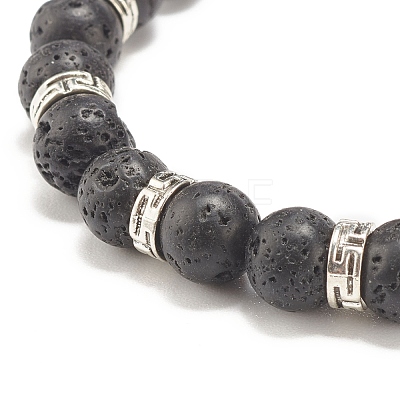 Natural Lava Rock Round Beaded Stretch Bracelet with Alloy Skull BJEW-JB07865-01-1