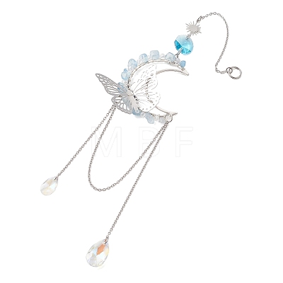 Natural Aquamarine Chips & Brass Moon & 304 Stainless Steel Butterfly Suncatcher HJEW-TA00449-02-1