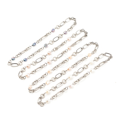 304 Stainless Steel Oval & Ring Link Chains Necklace with Natural Pearl Beaded for Women NJEW-JN03873-1
