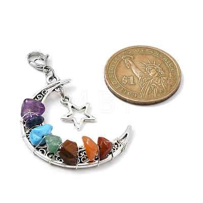 Wire Wrapped Chakra Synthetic & Natural Mixed Stone Chips & Alloy Moon/Star Pendant Decorations HJEW-JM01574-01-1
