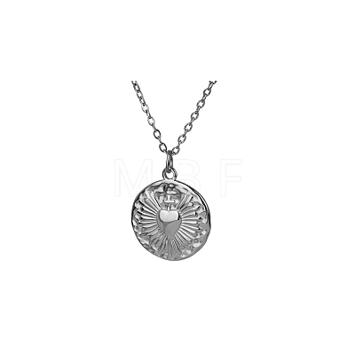 French Style Stainless Steel Flat Round with Cross Sacred Heart Pendant Necklaces for Women JI8984-2-1