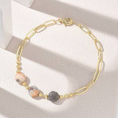 Natural Crazy Agate Faceted Flat Round Beaded Brass Paperclip Chain Bracelets GG-CBA37F5-02G-09-1