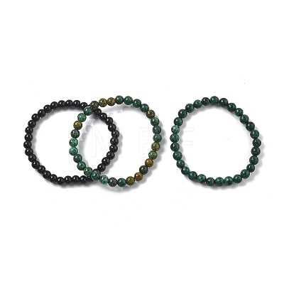 3Pcs 3 Style Natural African Turquoise(Jasper) & Black Agate Round Beaded Stretch Bracelets Set PW23030764297-1