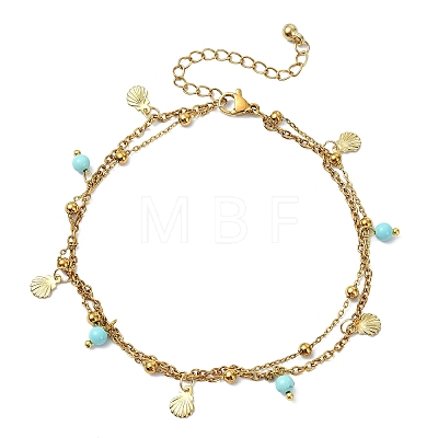 Round Natural Magnesite & Shell Shaped 304 Stainless Steel Charm 2-Strand Anklets for Women AJEW-AN00816-01-1