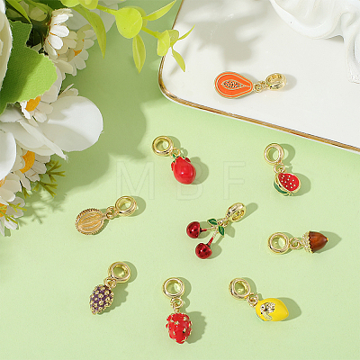 9Pcs 9 Styles Brass Enamel Fruit European Dangle Charms OPDL-BBC0001-04G-1