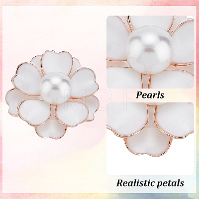 ANATTASOUL 3Pcs 3 Colors Camellia Flower Enamel Pin with Imitation Pearl JEWB-AN0001-01-1