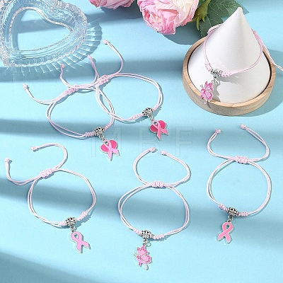 6Pcs 3 Styles Adjustable Alloy Enamel Pink Ribbon Charm Nylon Braided Bracelet Sets BJEW-YW00019-1