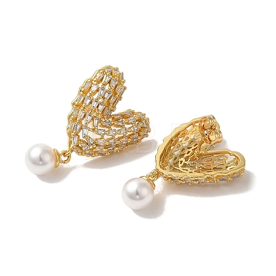 Rack Plating Brass Micro Pave Clear Cubic Zirconia & ABS Plastic Pearl Dangle Stud Earrings for Women EJEW-G403-10G-1