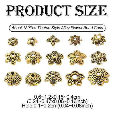 150Pcs 15 Style Tibetan Style Alloy Flower Bead Caps TIBE-YW0001-56-1