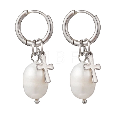 Natural Cultured Freshwater Pearl Rice with Cross Hoop Earrings EJEW-JE06744-1