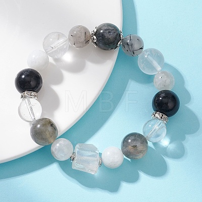 Natural Labradorite & Rainbow Moonstone & Quartz Crystal & Black Rutilated Quartz & Silver Obsidian Beaded Stretch Bracelets for Women BJEW-TA00740-1