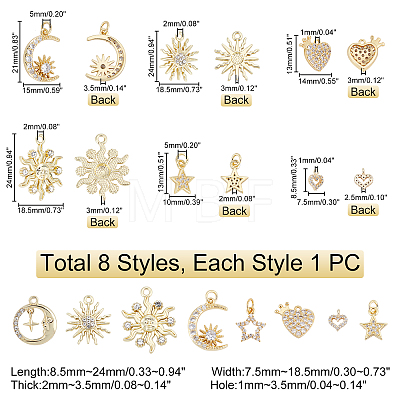   8Pcs 8 Style Brass Micro Pave Clear Cubic Zirconia Charms DIY-PH0003-29-1