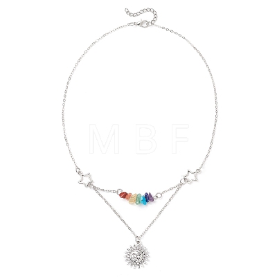 Chakra Gemstone Chip Beaded & Alloy Sun Moon Star Planet Pendant Brass Cable Chain Necklaces for Women NJEW-JN05794-1