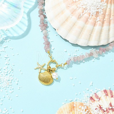 Ocean 304 Stainless Steel Shell Shape Starfish & Shell Pearl Pendant Necklaces NJEW-JN06023-1