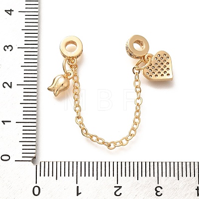 Brass Clear Cubic Zirconia European Safety Chains with Heart & Rose Charms KK-C085-16G-1