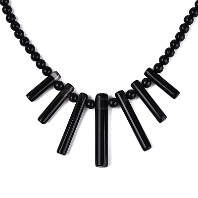 Natural Black Onyx Round Beaded Fan Bib Necklaces NJEW-N064-04A-1