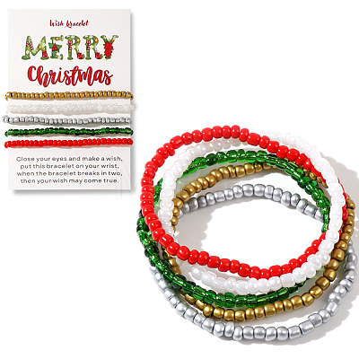 5Pcs Christmas Theme Glass Seed Beads Stretch Bracelet Sets QO0041-6-1