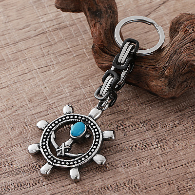 Vintage Men's 304 Stainless Steel & Resin Synthetic Turquoise Keychains JC3648-1