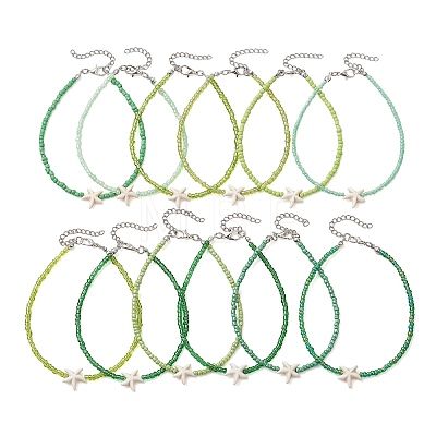 12Pcs 12 Colors Summer Beach Dyed Synthetic Turquoise Starfish with Glass Beaded Anklets AJEW-AN00778-1