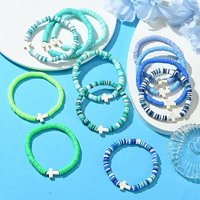 12Pcs 12 Colors Polymer Clay Disc Beaded Stretch Bracelet Sets BJEW-JB10736-1