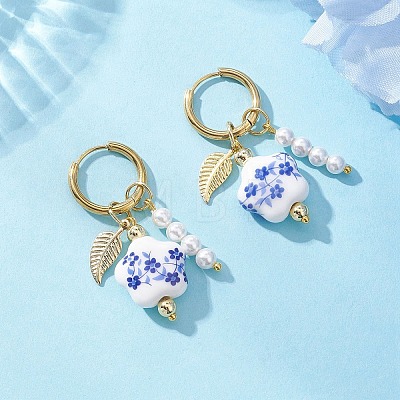 Brass Flower with Leaf Hoop Earrings EJEW-JE06745-1