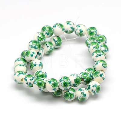 Handmade Flower Printed Porcelain Ceramic Beads Strands PORC-M007-10mm-16-1