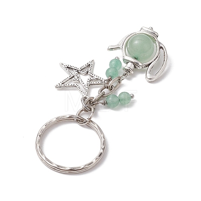 Star & Teapot Matural Green Aventurine Keychain HJEW-JM02038-1