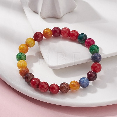 Dyed Natural Weathered Agate Round Beaded Stretch Bracelet for Women BJEW-JB09382-1